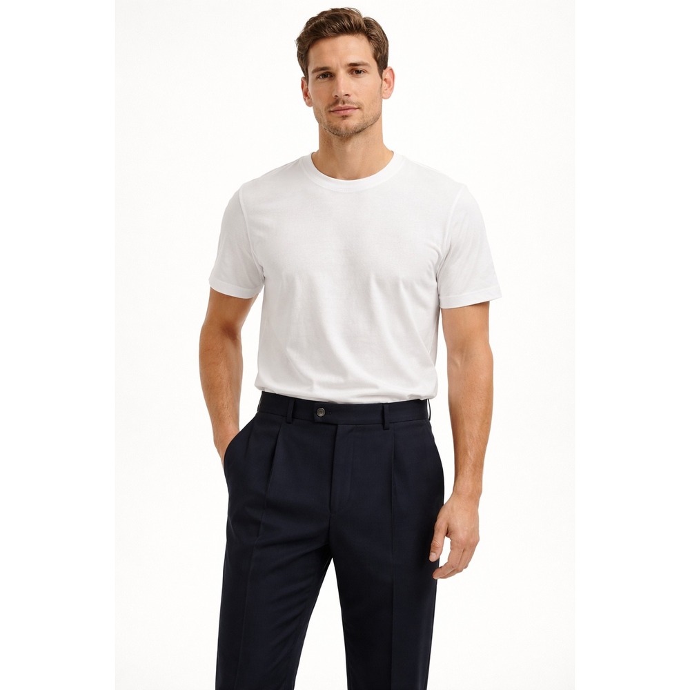 Vintage Lands End Mens Navy Blue Wool Blend Pleated Dress Pants Made in US 35x32